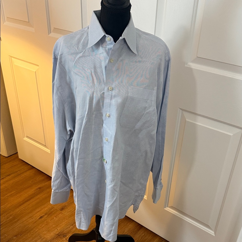 John W. Nordstrom Blue and White Micro-Check Cotton Dress Shirt 16.5/34 Office